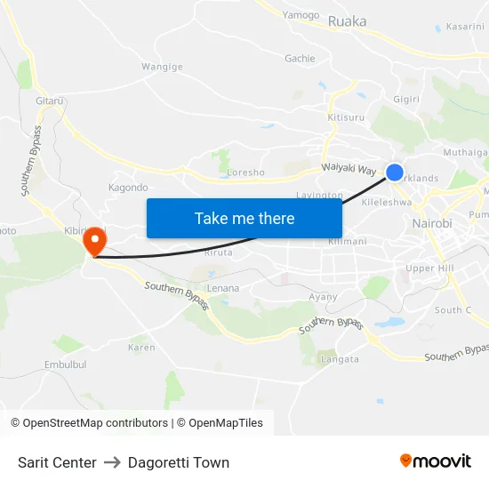 Sarit Center to Dagoretti Town map