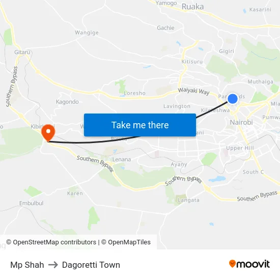 Mp Shah to Dagoretti Town map