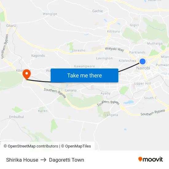 Shirika House to Dagoretti Town map