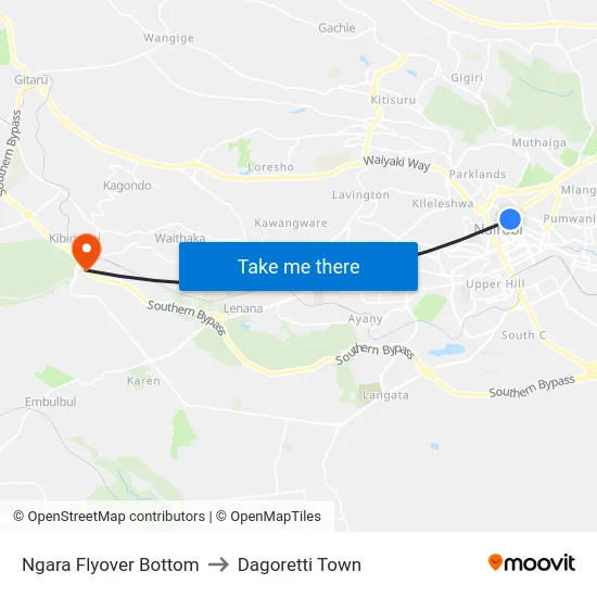 Ngara Flyover Bottom to Dagoretti Town map