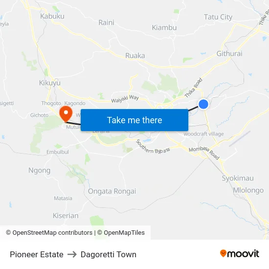 Pioneer Estate to Dagoretti Town map