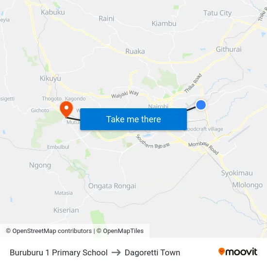 Buruburu 1 Primary School to Dagoretti Town map