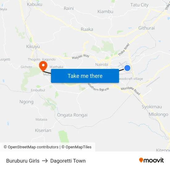 Buruburu Girls to Dagoretti Town map