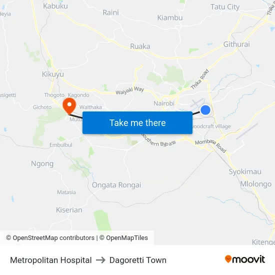 Metropolitan Hospital to Dagoretti Town map