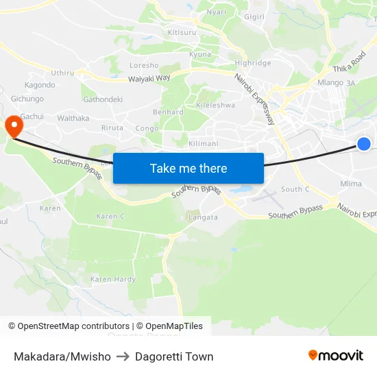 Makadara/Mwisho to Dagoretti Town map