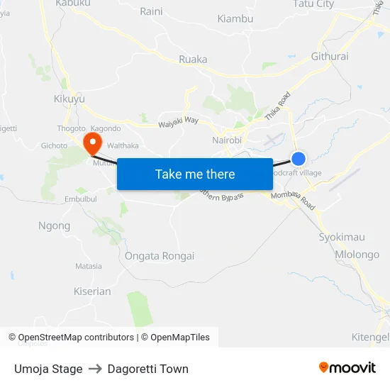 Umoja Stage to Dagoretti Town map