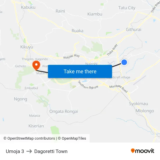Umoja 3 to Dagoretti Town map