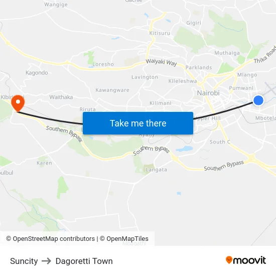 Suncity to Dagoretti Town map