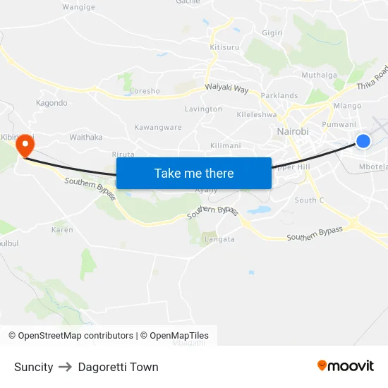 Suncity to Dagoretti Town map