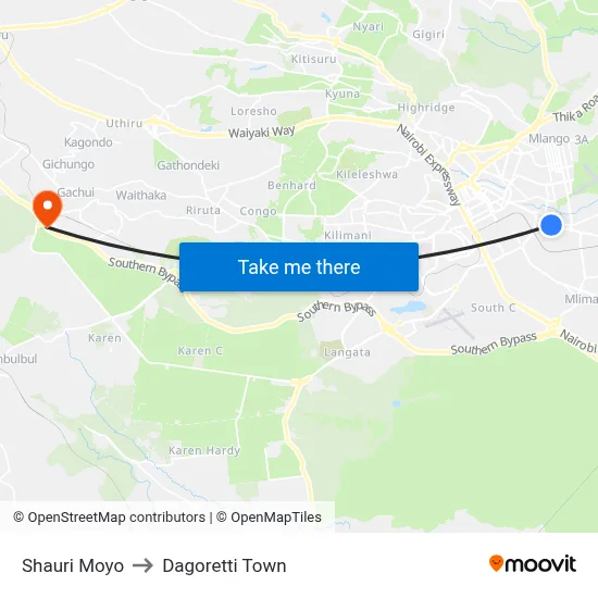 Shauri Moyo to Dagoretti Town map