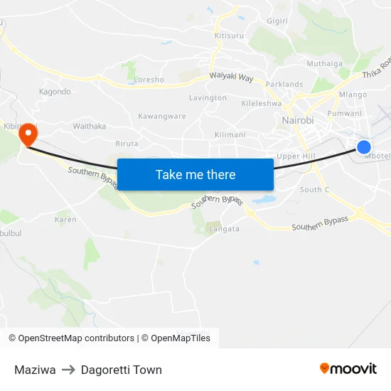 Maziwa to Dagoretti Town map