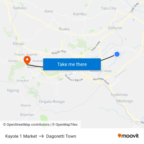 Kayole 1 Market to Dagoretti Town map