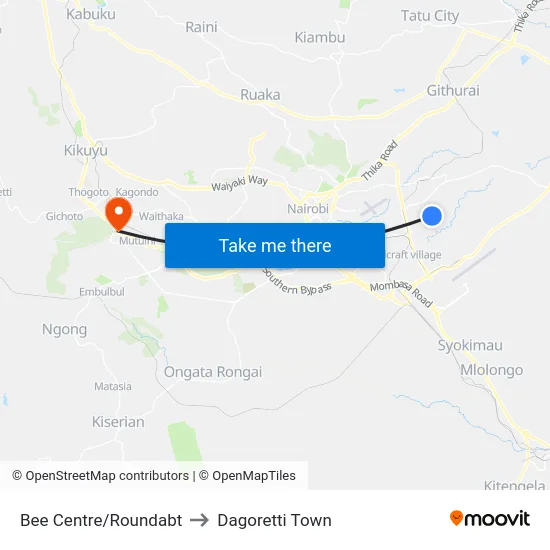 Bee Centre/Roundabt to Dagoretti Town map