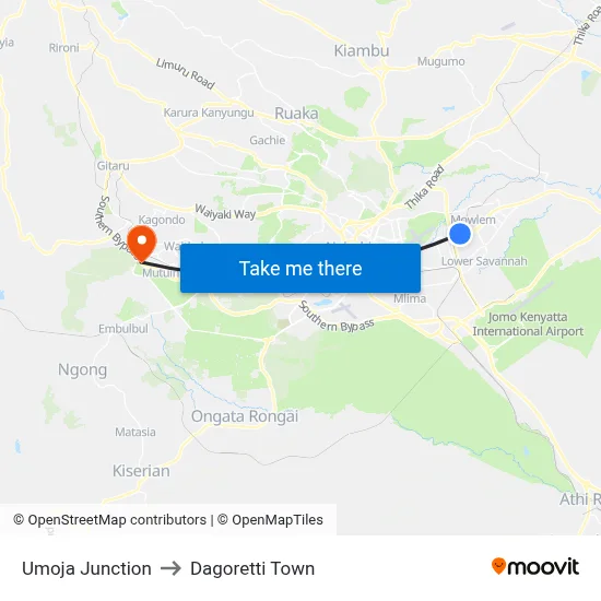 Umoja Junction to Dagoretti Town map