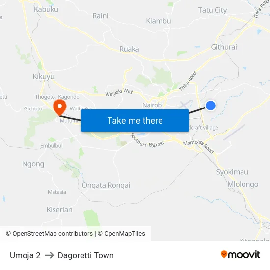 Umoja 2 to Dagoretti Town map