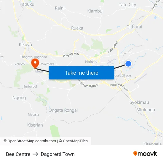 Bee Centre to Dagoretti Town map
