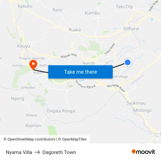 Nyama Villa to Dagoretti Town map
