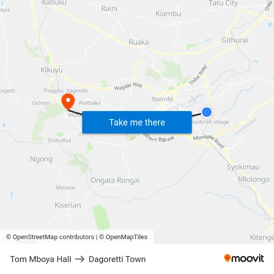 Tom Mboya Hall to Dagoretti Town map