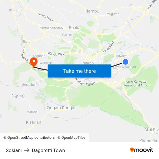 Sosiani to Dagoretti Town map