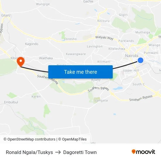 Ronald Ngala/Tuskys to Dagoretti Town map