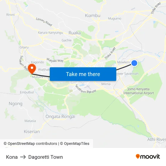 Kona to Dagoretti Town map