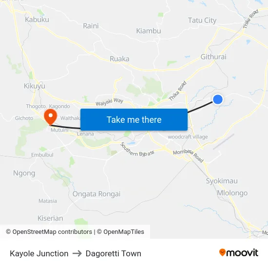 Kayole Junction to Dagoretti Town map