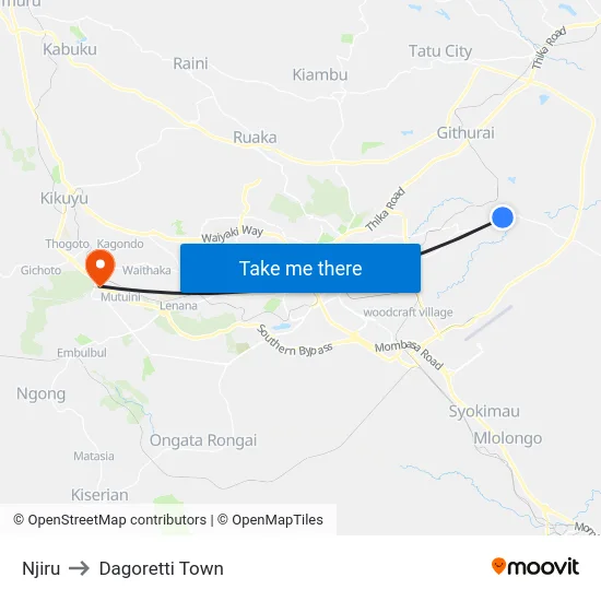 Njiru to Dagoretti Town map