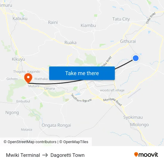 Mwiki Terminal to Dagoretti Town map