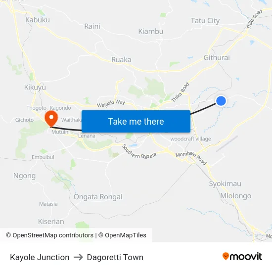 Kayole Junction to Dagoretti Town map