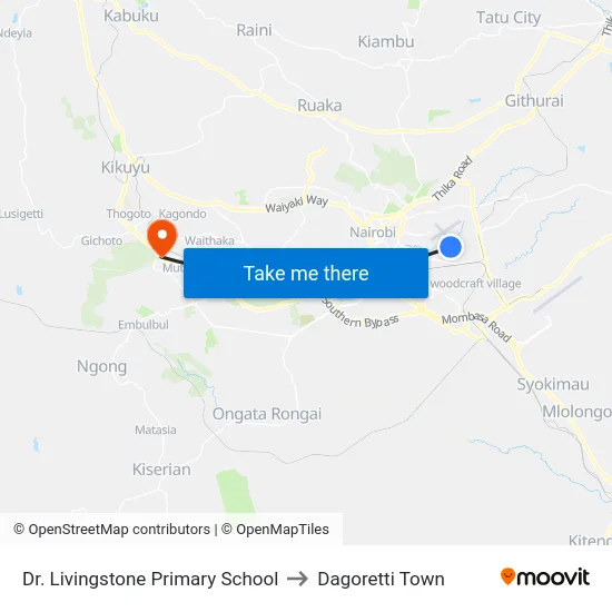 Dr. Livingstone Primary School to Dagoretti Town map