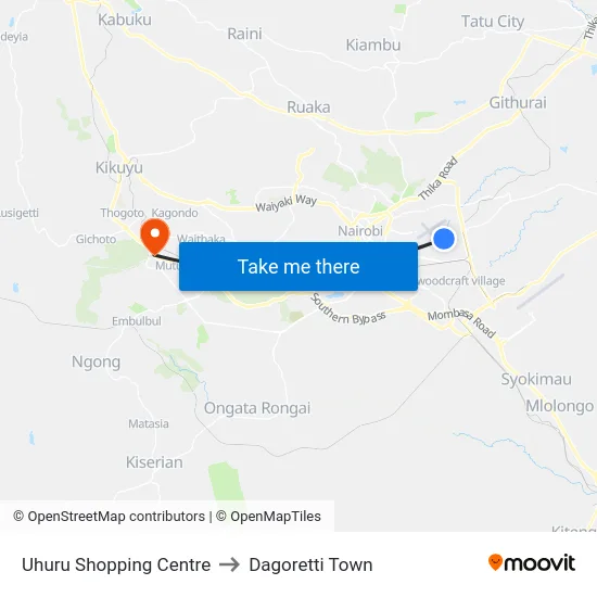 Uhuru Shopping Centre to Dagoretti Town map