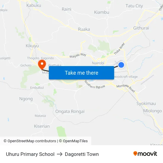 Uhuru Primary School to Dagoretti Town map