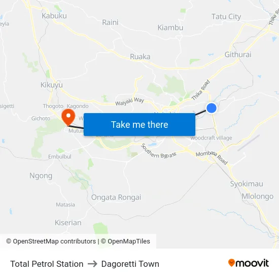 Total Petrol Station to Dagoretti Town map