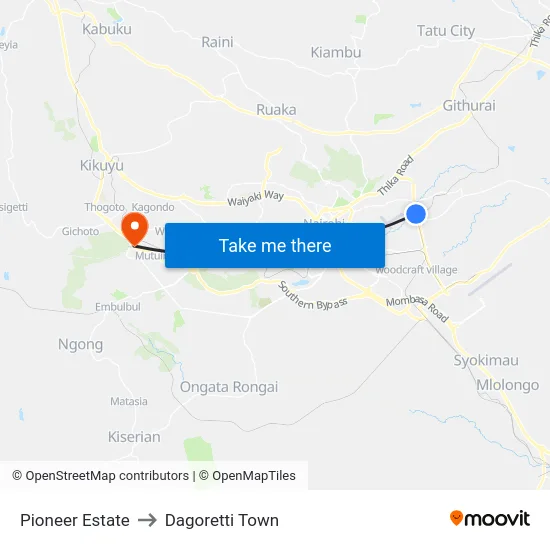 Pioneer Estate to Dagoretti Town map