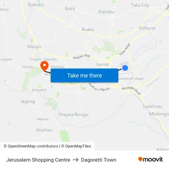Jerusalem Shopping Centre to Dagoretti Town map