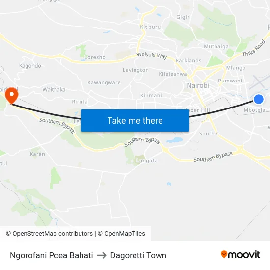 Ngorofani Pcea Bahati to Dagoretti Town map