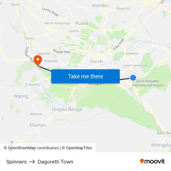 Spinners to Dagoretti Town map