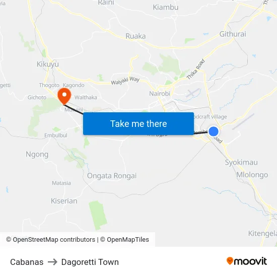 Cabanas to Dagoretti Town map