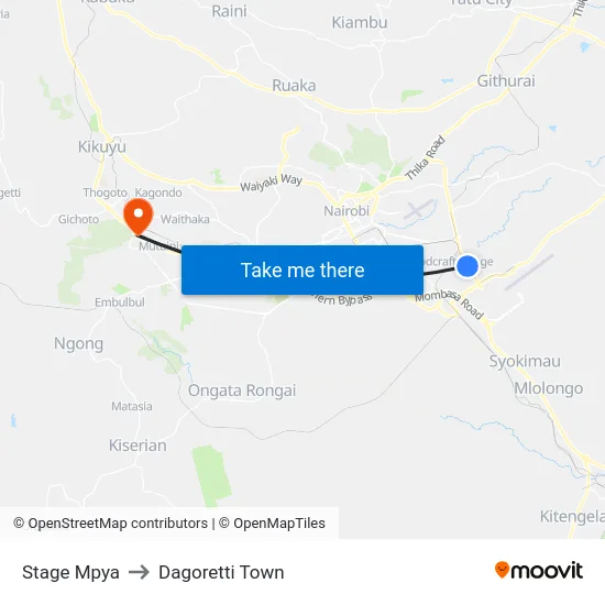 Stage Mpya to Dagoretti Town map