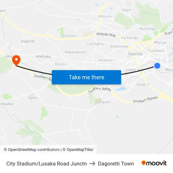 City Stadium/Lusaka Road Junctn to Dagoretti Town map