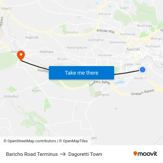 Baricho Road Terminus to Dagoretti Town map