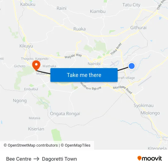 Bee Centre to Dagoretti Town map