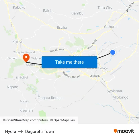 Nyora to Dagoretti Town map
