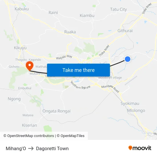 Mihang'O to Dagoretti Town map