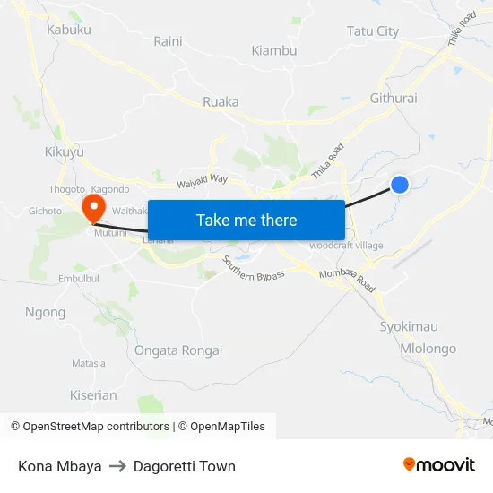 Kona Mbaya to Dagoretti Town map