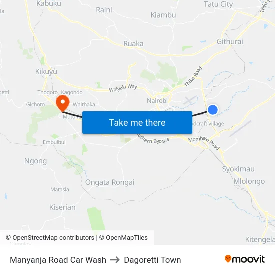 Manyanja Road Car Wash to Dagoretti Town map