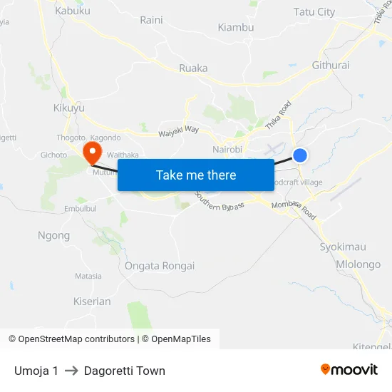 Umoja 1 to Dagoretti Town map