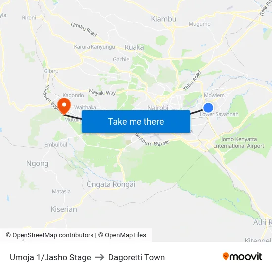 Umoja 1/Jasho Stage to Dagoretti Town map