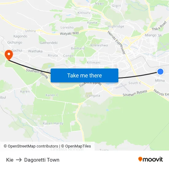 Kie to Dagoretti Town map