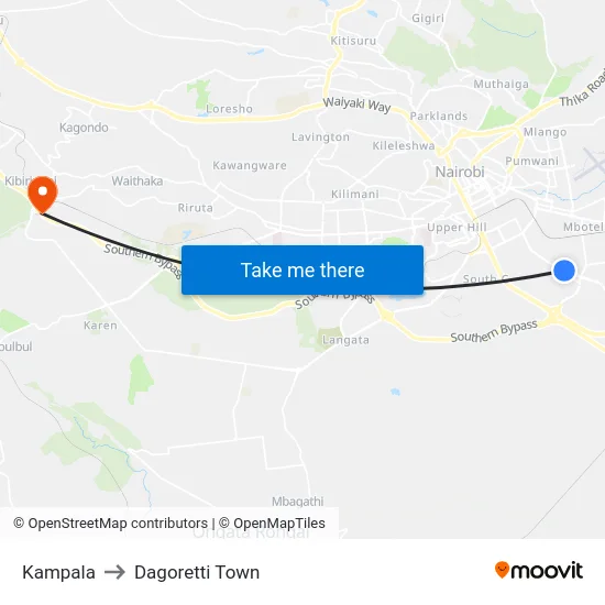 Kampala to Dagoretti Town map